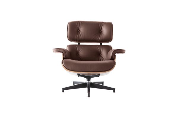 Premium Brown Leather Lounge Chair and Ottoman Replica with Walnut Base - Classy Home Furniture - Image 11