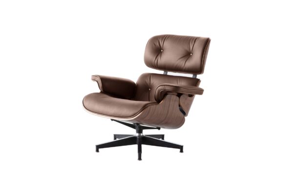 Premium Brown Leather Lounge Chair and Ottoman Replica with Walnut Base - Classy Home Furniture - Image 10