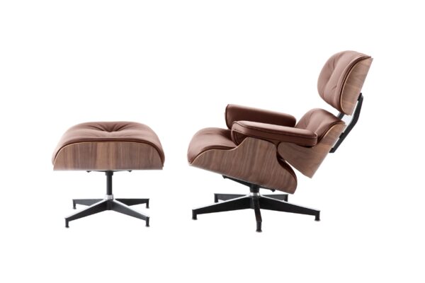 Premium Brown Leather Lounge Chair and Ottoman Replica with Walnut Base - Classy Home Furniture - Image 6