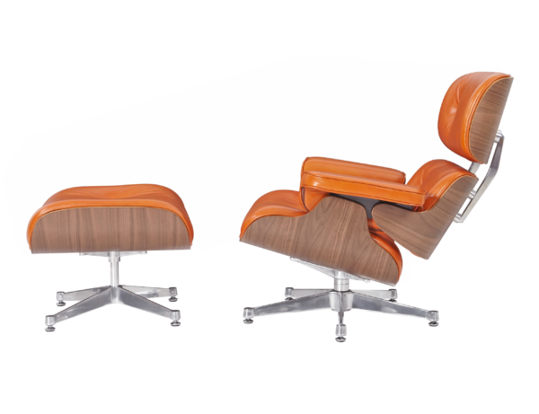 Luxurious Classy Lounge Chair and Ottoman Set in Waxy Camel Polished Leather with Walnut Wood Base - Image 2