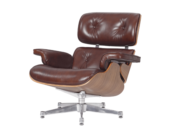 Luxurious Classy Lounge Chair and Ottoman Set in Waxy Chocolate Polished Leather with Walnut Wood Base - Image 10