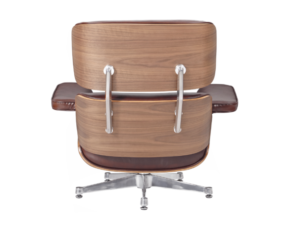 Luxurious Classy Lounge Chair and Ottoman Set in Waxy Chocolate Polished Leather with Walnut Wood Base - Image 7